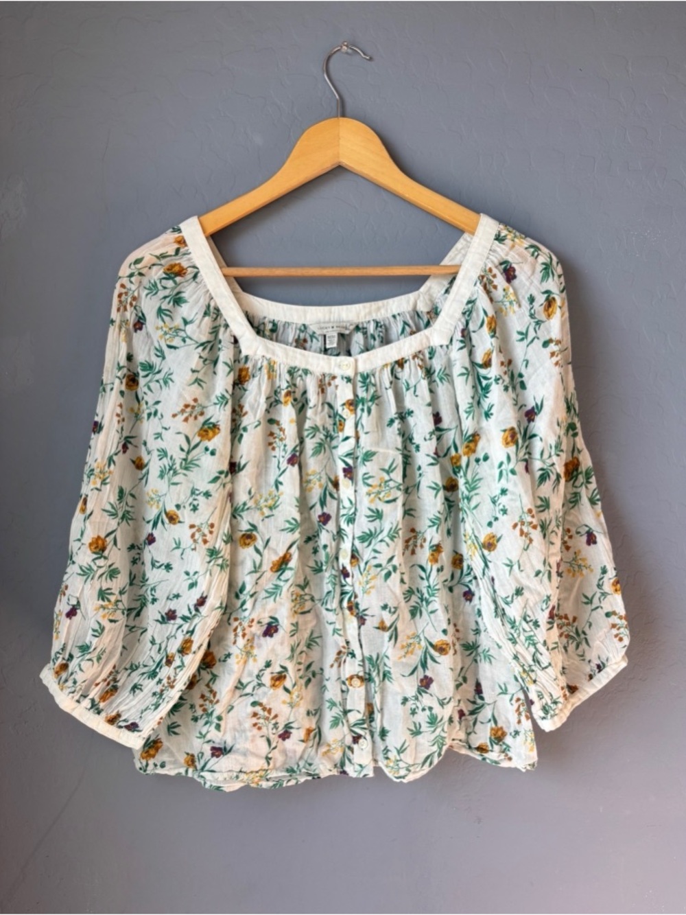 Lucky Brand Floral Button Up Banded Top Womens Medium Relaxed Fit Cotton Boho